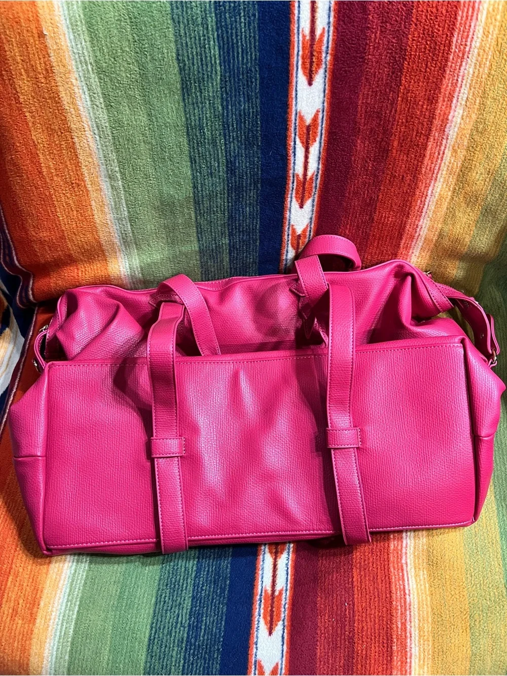 Travel Tote Bag in Bright Pink Leather with Dual Carry Handles - Picture 2 of 5
